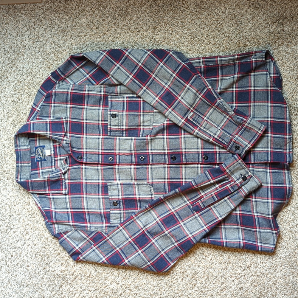 JCrew Men’s Button Down Flannel Shirt, Blue, Grey, and Red Size Slim Large